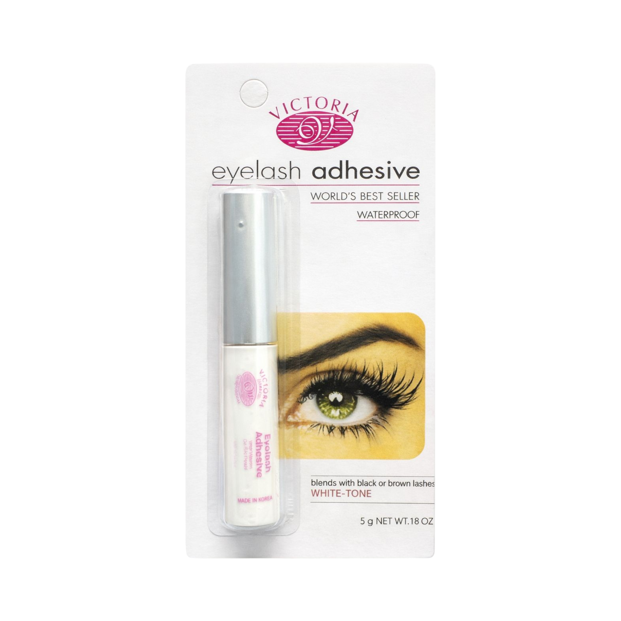 ModaBodyShop Victoria Eyelash 5g white-tone waterproof adhesive in packaging with eye application example