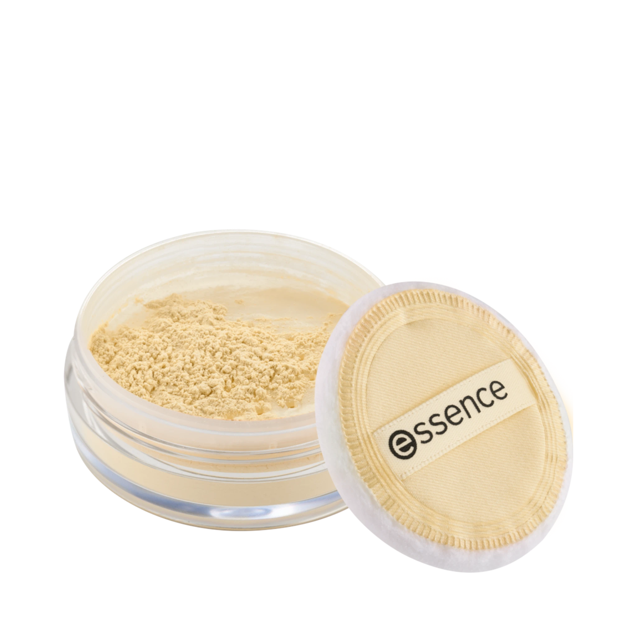 banana loose powder in a yellow shade with a soft applicator sponge for matte highlighting and setting.