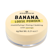 Banana loose powder in a yellow container for mattifying, fixing, and baking makeup with included sponge.