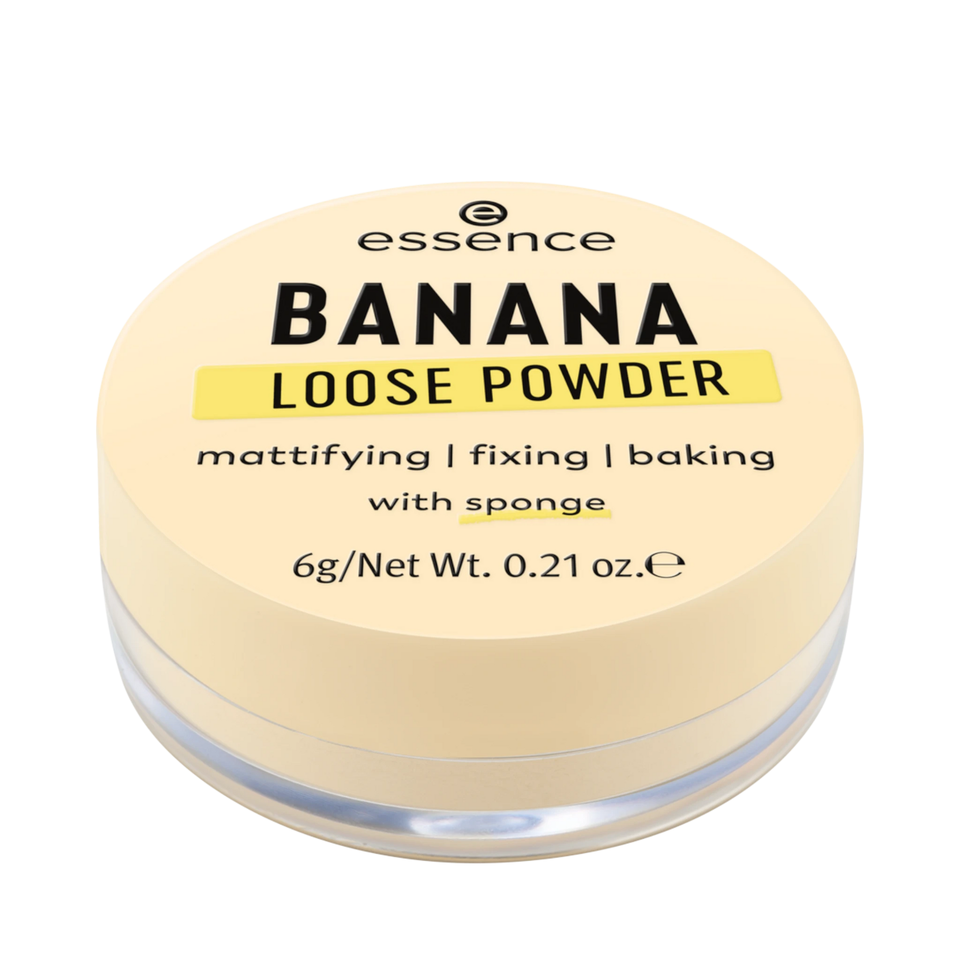 Banana loose powder in a yellow container for mattifying, fixing, and baking makeup with included sponge.