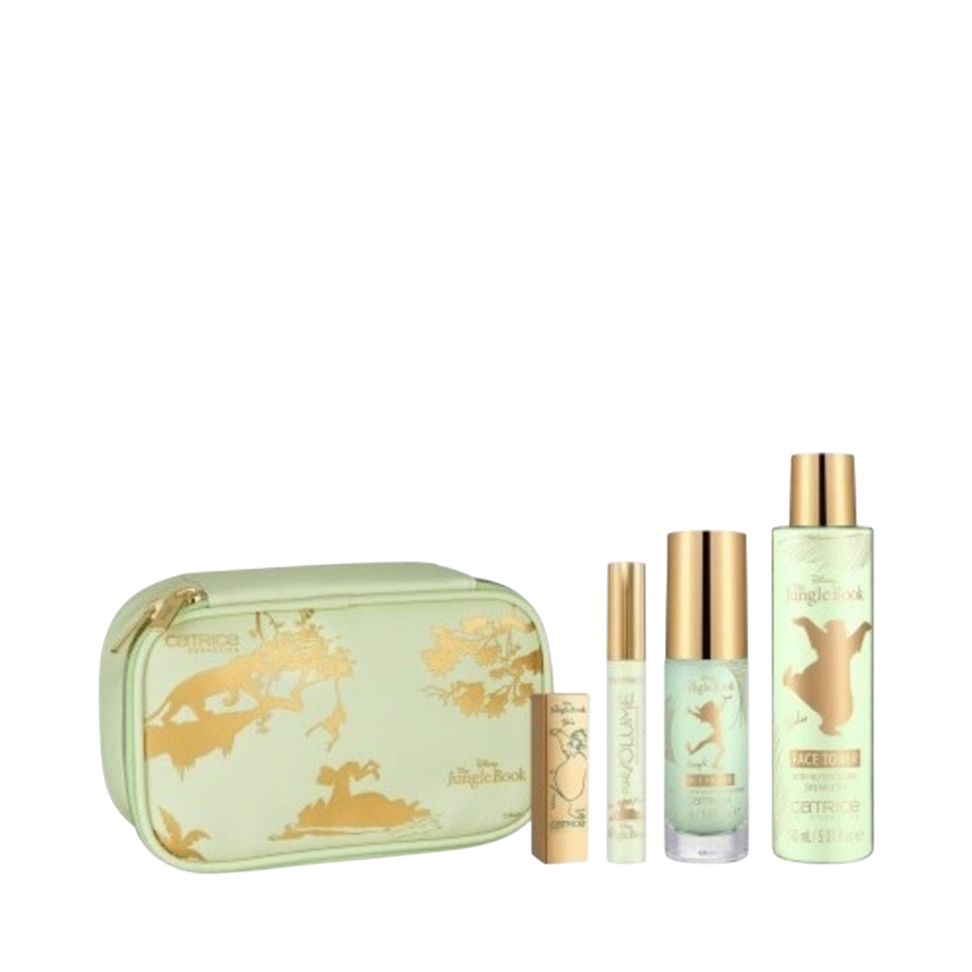 ModaBodyShop Disney The Jungle Book makeup set featuring a cosmetic bag, mascara, primer, lip balm, and facial toner.