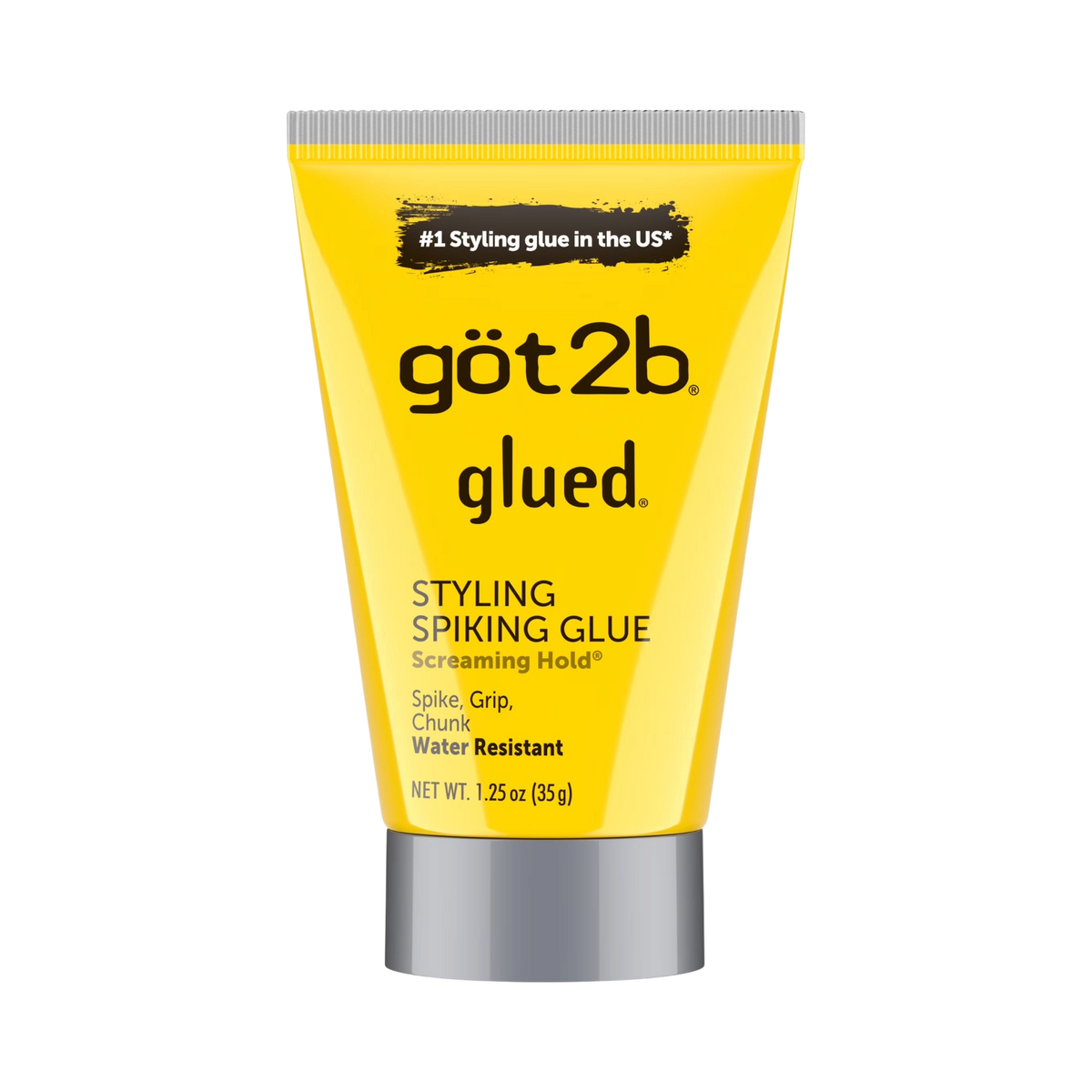 ModaBodyShop got2b Glued Styling Spiking Glue in a yellow 35g tube for strong, water-resistant hair hold.