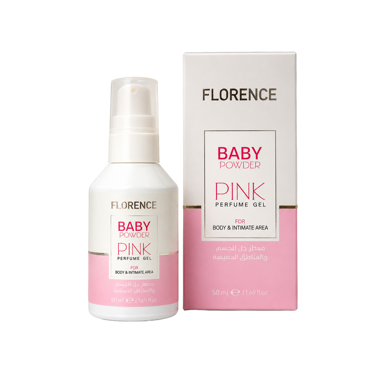 ModaBodyShop Florence Baby Powder Pink perfume gel bottle and packaging box with soft pink and white design.