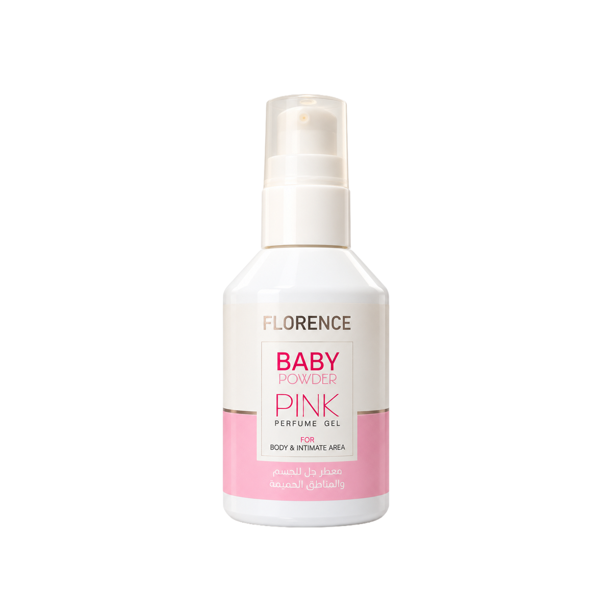 ModaBodyShop Florence Baby Powder Pink perfume gel in a 50ml white pump bottle for body and intimate use.