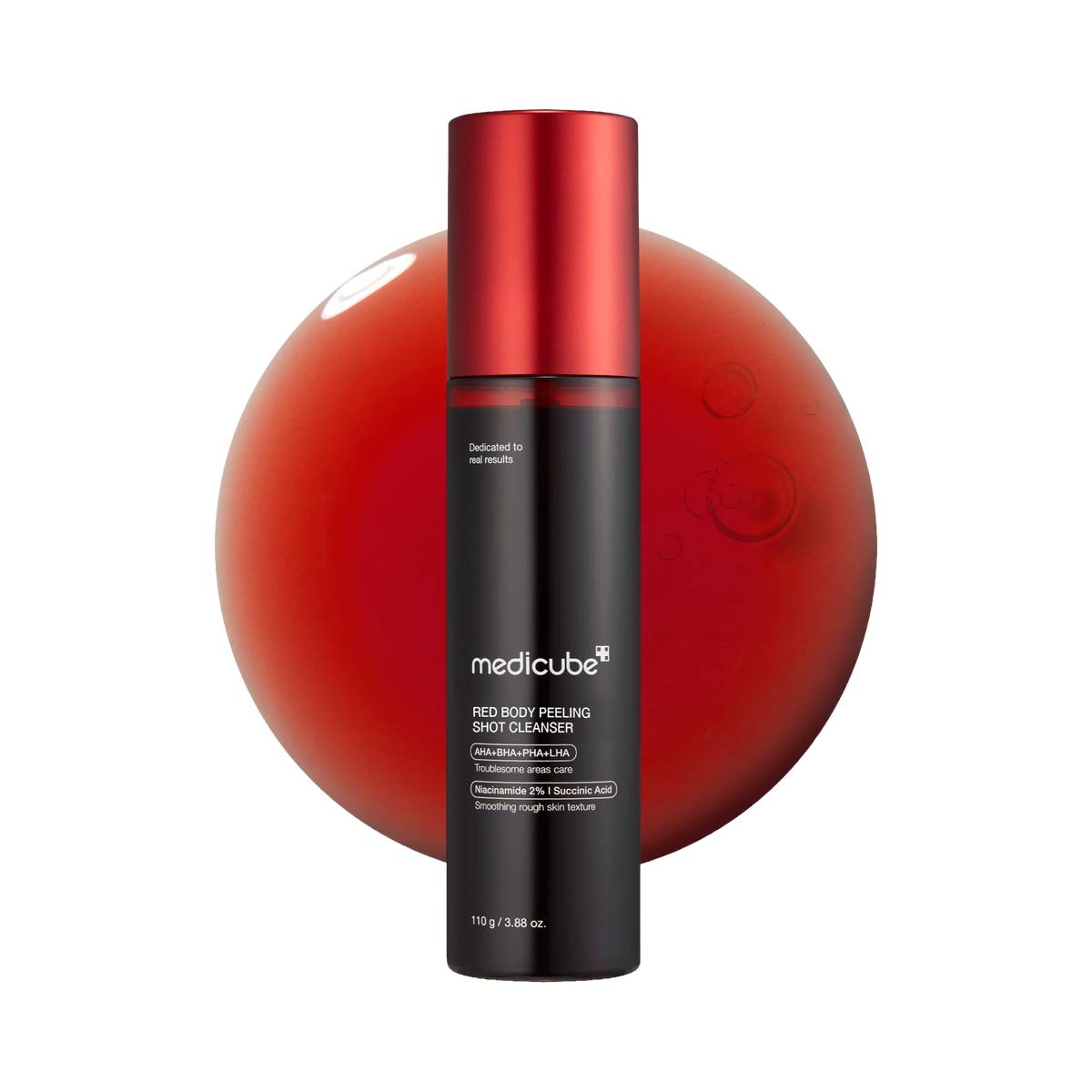 Medicube Red Body Peeling Shot Cleanser 110 g bottle on red swatch