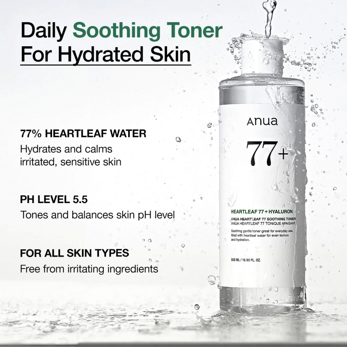 Anua Heartleaf 77 Soothing Toner 250 ml bottle infographic