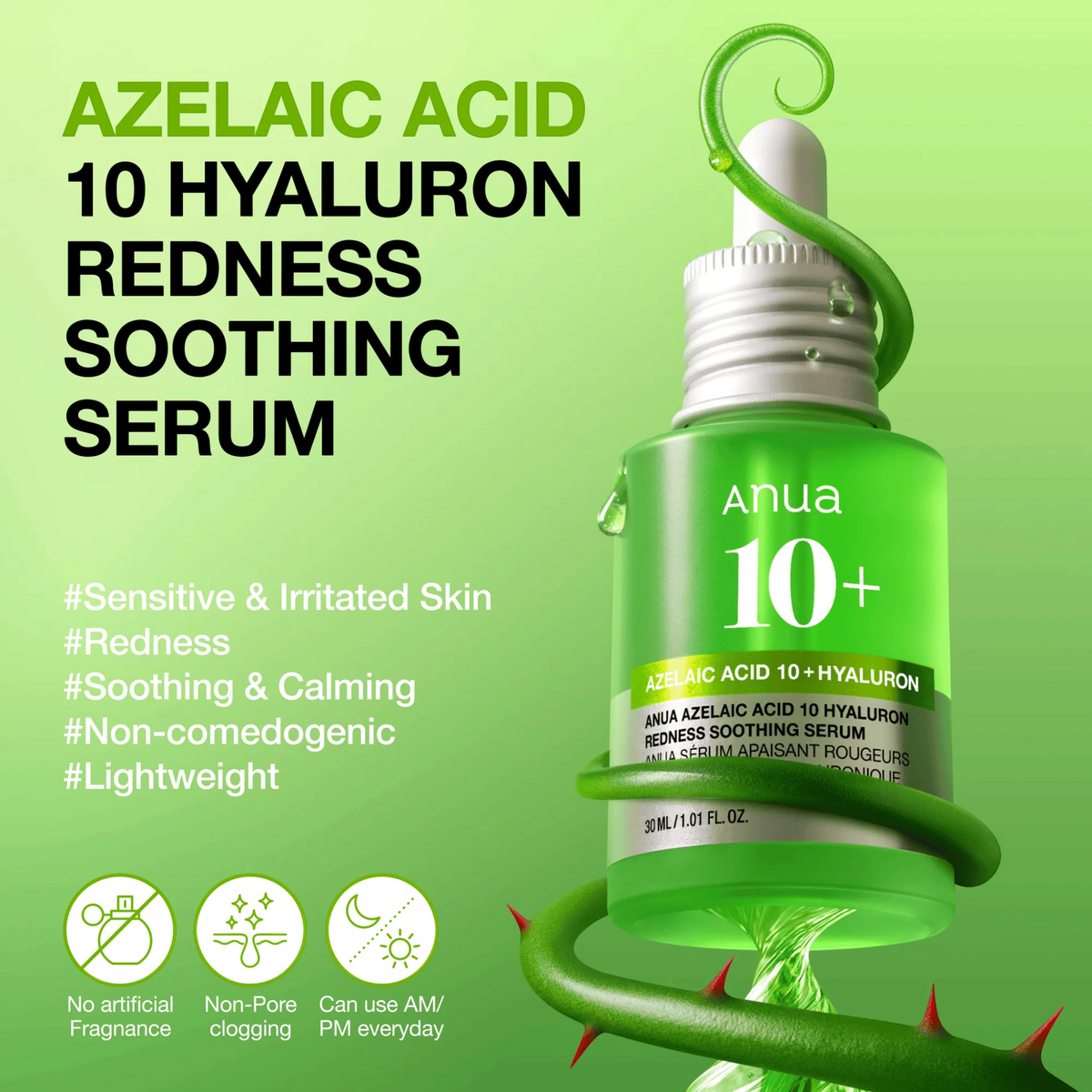 Anua Azelaic Acid 10 Hyaluron Redness Soothing Serum 30 ml bottle infographic