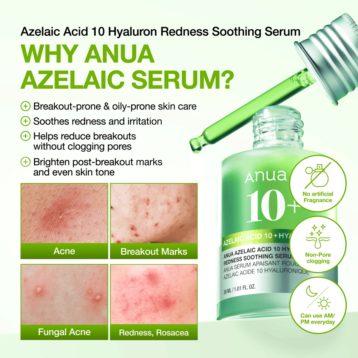 Anua Azelaic Acid 10 Hyaluron Redness Soothing Serum 30 ml open bottle with dropper infographic