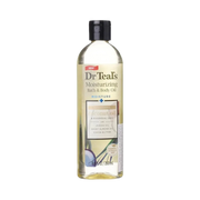 ModaBodyShop Dr. Teal's coconut oil bath and body oil in a clear bottle with a black cap for nourishing dry skin.