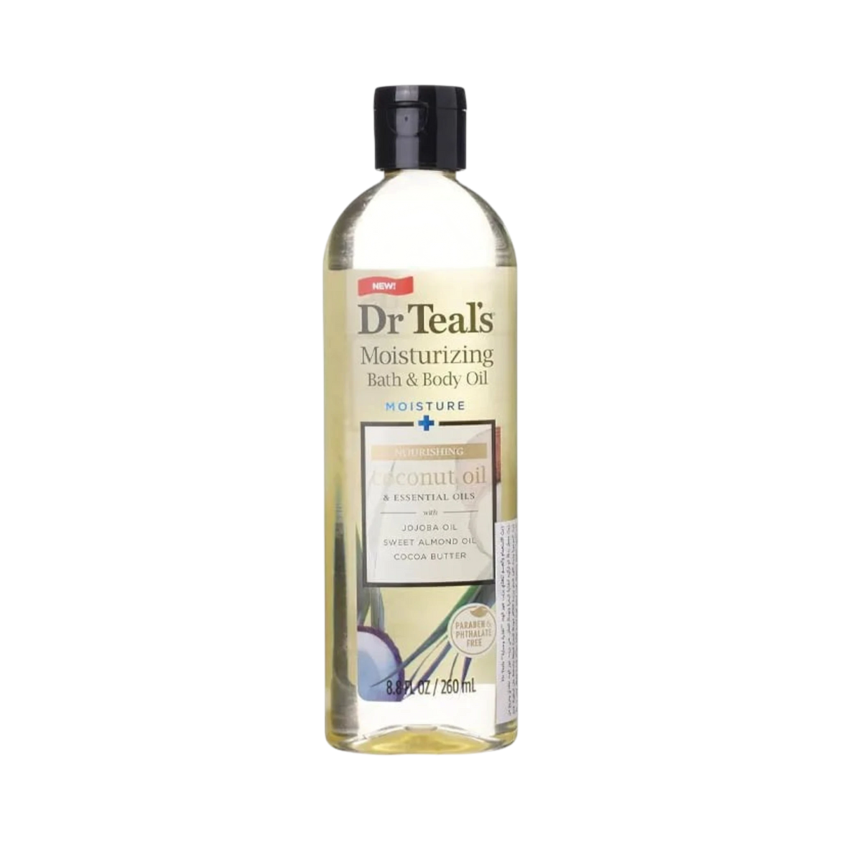 ModaBodyShop Dr. Teal's coconut oil bath and body oil in a clear bottle with a black cap for nourishing dry skin.
