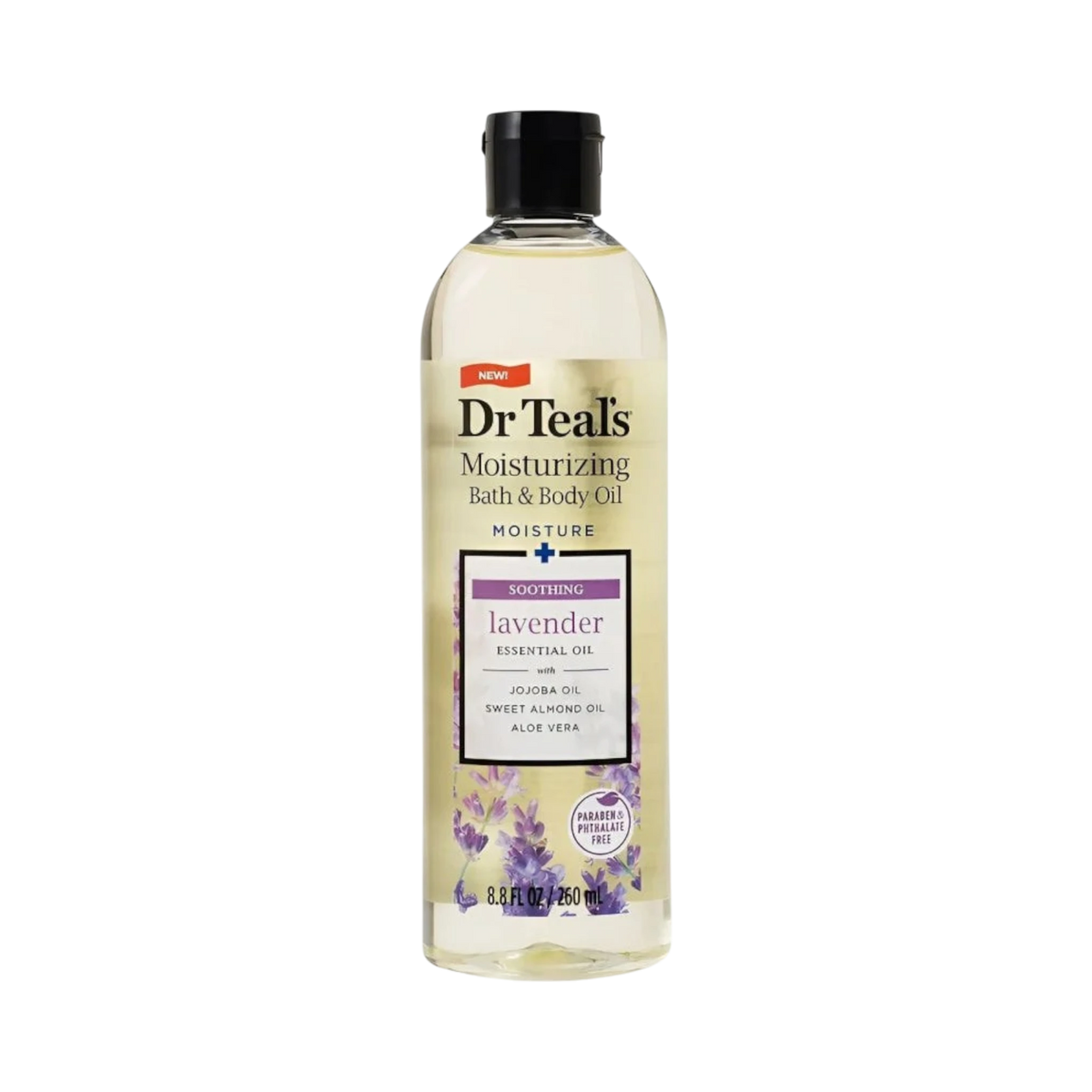 ModaBodyShop Dr Teal's lavender moisturizing bath and body oil in a clear 8.8 fl oz bottle for dry skin relief