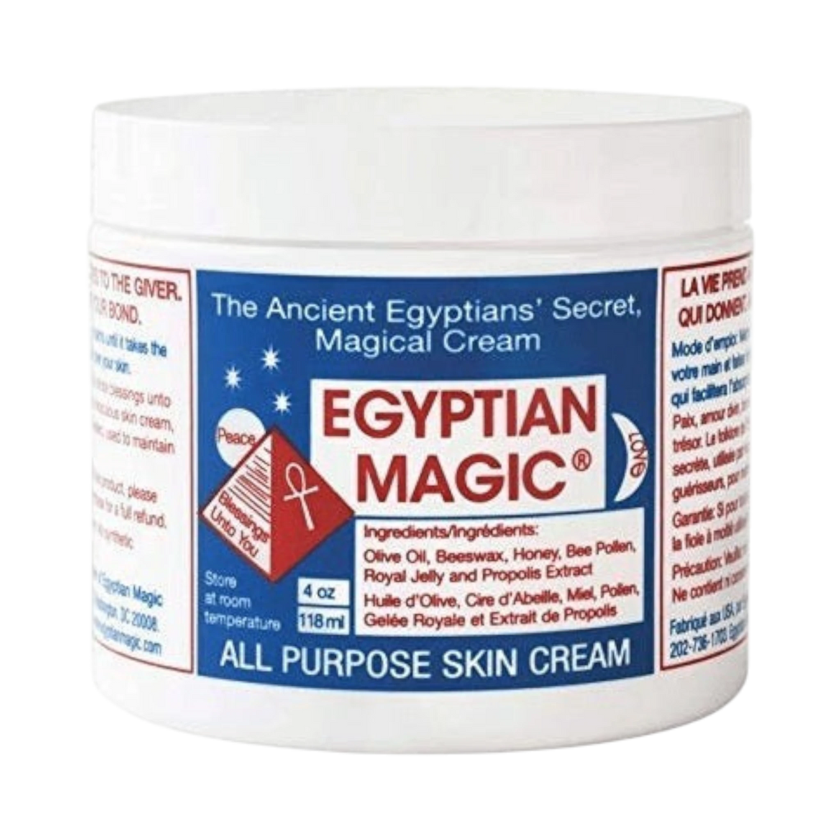 ModaBodyShop Egyptian Magic all-purpose skin cream in a white jar with red and blue label detailing natural ingredients