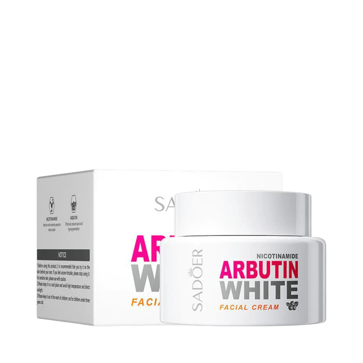 ModaBodyShop Sadur Nicotinamide Arbutin White facial cream jar and packaging box for skin brightening and hydration